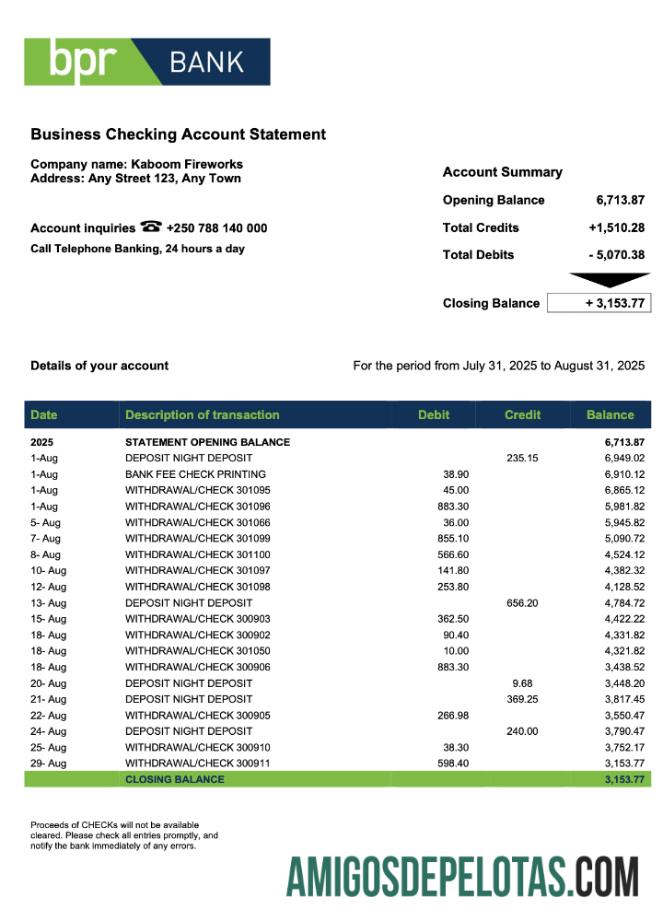 Em branco Ruanda BPR Company Checking modelo de extrato de conta Word e PDF